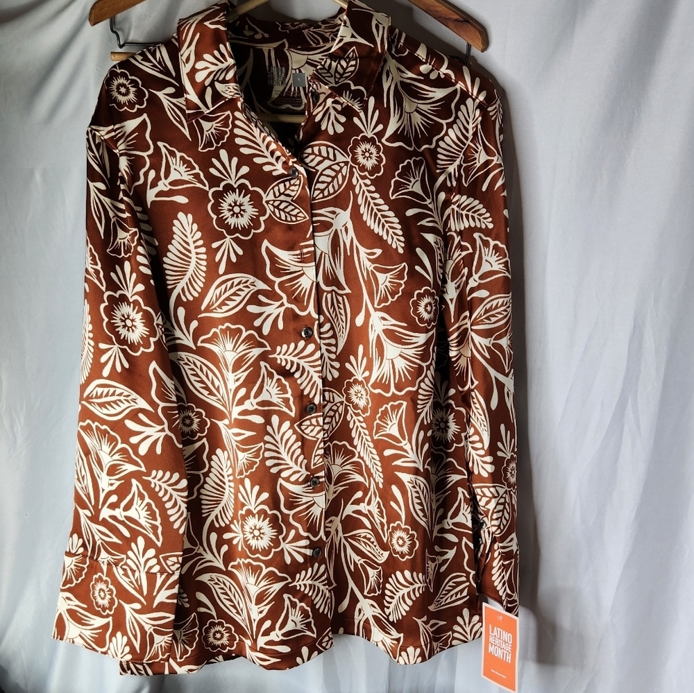 Latino Heritage Month Women's Long Sleeve Button-Down Shirt - Brown M - Picture 4 of 16